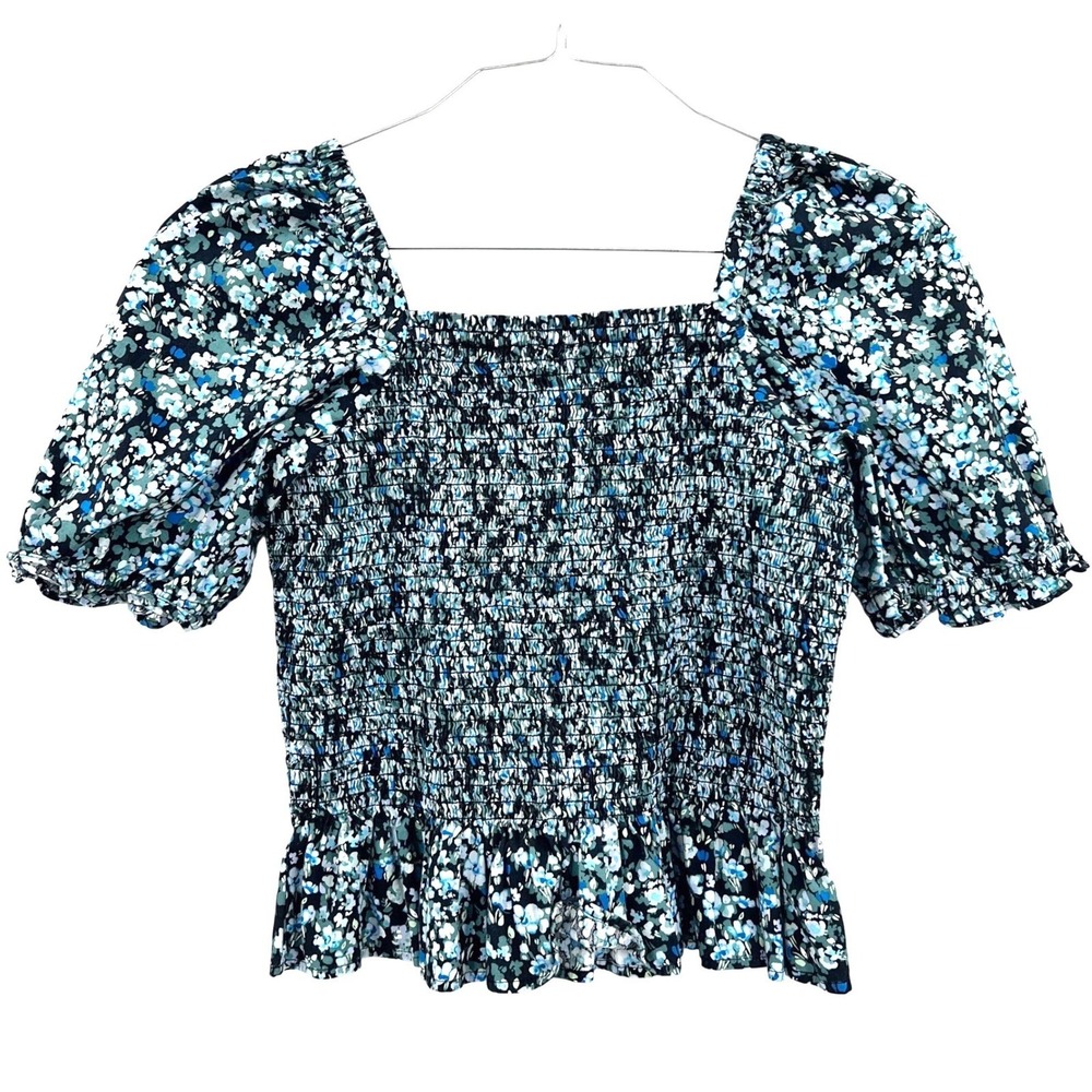 J. Crew Women's Smocked Puff Sleeve Top Blue Stretch Blouse Cottagecore‎ XS